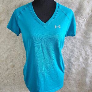 Under Amour Women's Blue Activewear Semi Fi Heatgear Short Sleeve V-Neck Shirt S